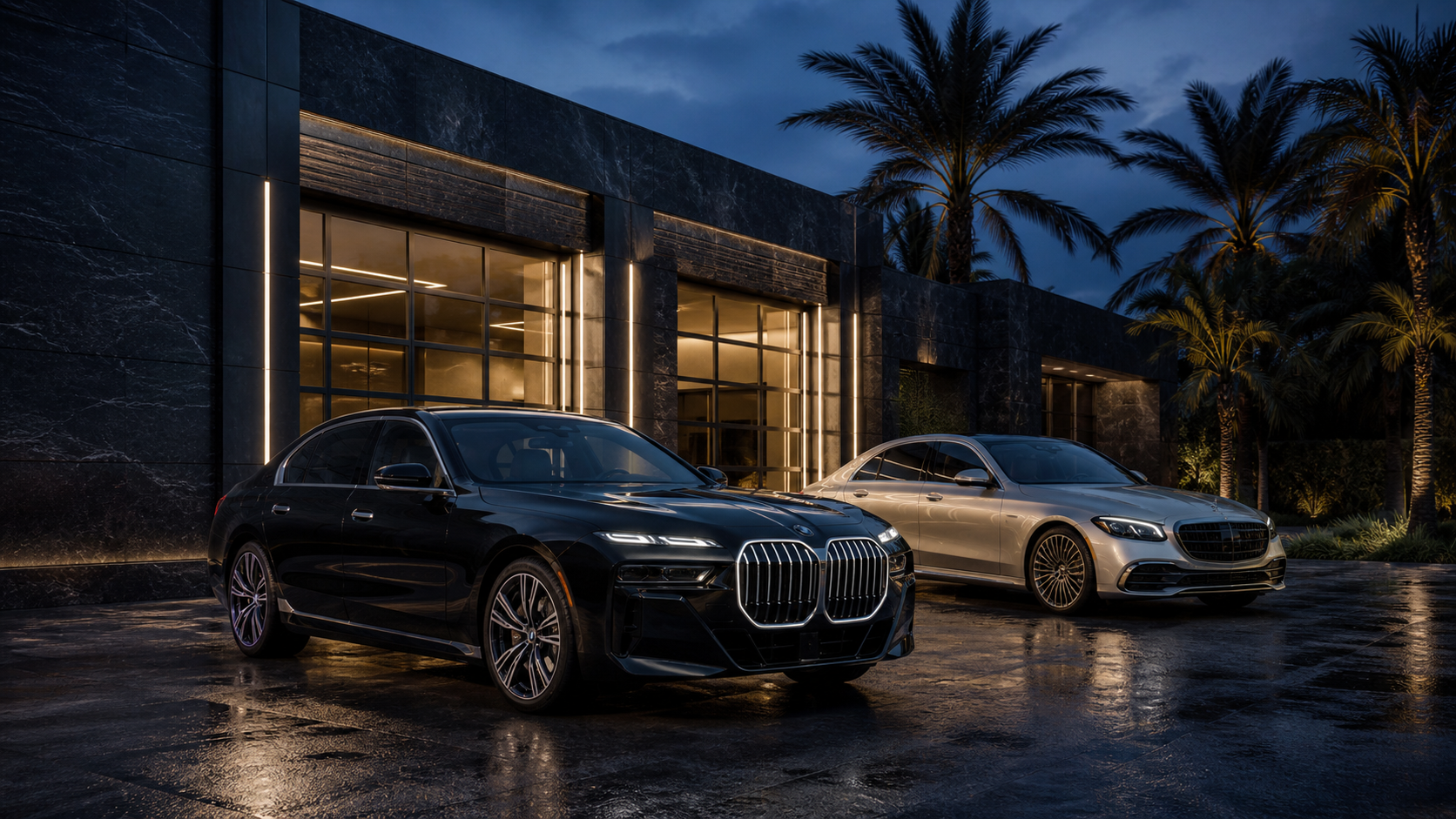 Black BMW and silver Mercedes-Benz luxury sedans at a modern independent Southwest Florida workshop